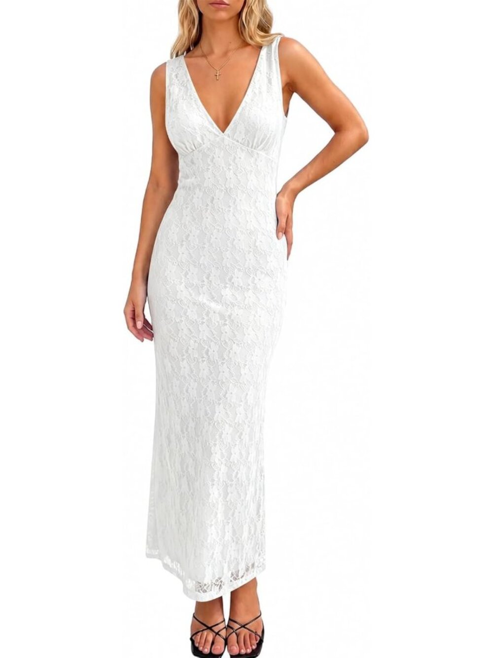Elegant V Neck Lace Maxi Dress | Lined Bodycon Cocktail Dress for Parties